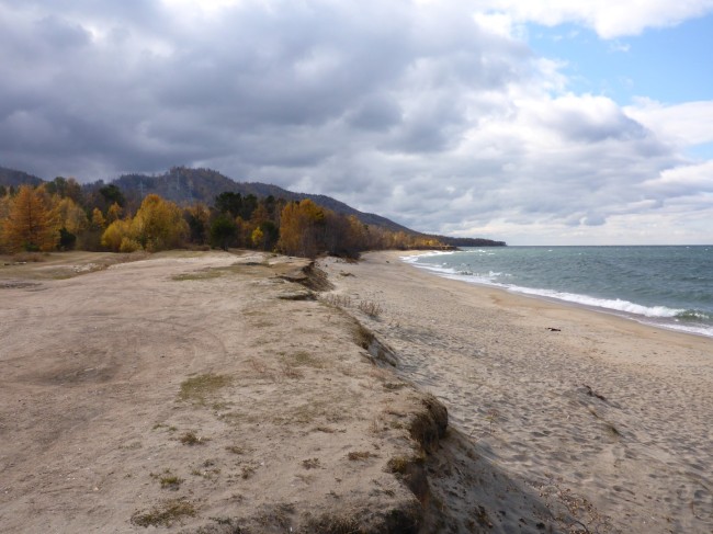 The shore of Lake Baikal on a cold, windy day.
